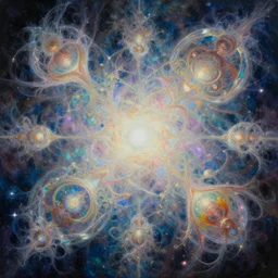 epic overdetailed maximalist visionary fineart painting by randal roberts + morgan mandala + krystleyez + sweet melis. transdimensional, ethereal, cosmic connection, organic and cosmic. dynamic. awesome 8 k realistic render. beautiful bright shiny irridescent translucent. slightly influenced by fractal geometry.
