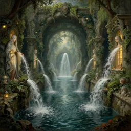 colonial fountains of lava flooding a ghost town grand canal, stoic, spirits covered in drapery, fireflies, archways made of lush greenery, water coming out of windows, light dust, magnificent, hyperdetailed, theatrical, close up, masterpiece, painted by jean honore fragonard and greg rutkowski and rob alexander