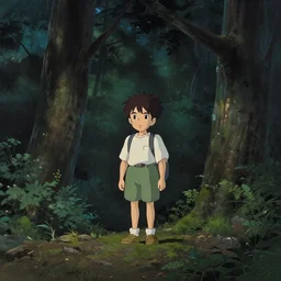 “a boy been chased through a dimly lit forest at night. In the style of Studio Ghibli”