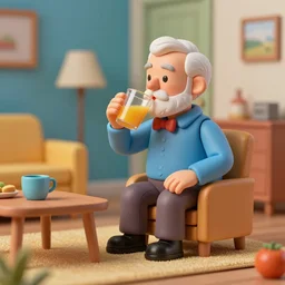 3 d toy old man drinking juce in his apartment by john hoyland, surreal, vibrant colors, octane renderer, trending on pinterest