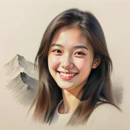 a portrait of a cute mountain smiling on a neutral background, realistic, drawn in colored pencils, expressive