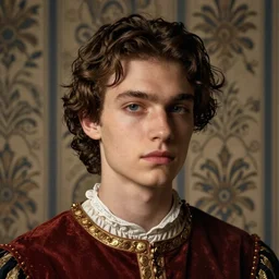 close - up portrait of beautiful androgynous young man in renaissance dress, background with wallpaper, art by annie leibovitz