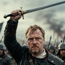 close up cinematic artwork of Nigel Farage staring down the enemy on the battlefield, sword raised in the air by Greg Rutkowski, 4k, masterpiece