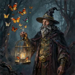 wizard holding a cage, with a swarm of butterflies fluttering out, digital 2d fantasy art, Dark Fantasy Oil Painting