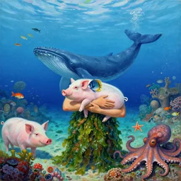 a person holding a tropical fish and a piglet in ishigaki okinawa, starfish, covered in seaweed, coral reef, summer, whale, schools of fish, scuba, pigs, octopus, acrylic on canvas, surrealist, by magritte and monet