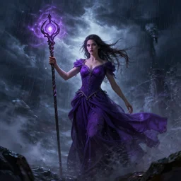 a woman in a purple dress holding a staff and dark magic, storm and rain behind her, action scene, magical concept art, artstation contest winner, fantasy art, dark and mysterious, artstation hd, detailed, 8 k, digital art