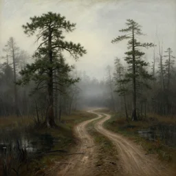 swamp, a bit foggy, bizarre pines, dirt track, dark, hudson river school painting, naturalism