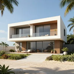 beautiful modern villa in beach with high detail, 8 k, stunning detail, works by artgerm, greg rutkowski and alphonse mucha, unreal engine 5, 4 k uhd