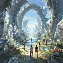 highly detailed vanishing - point of a gleaming quartz archipelago in gta v, stephen bliss, unreal engine, fantasy art by greg rutkowski, loish, rhads, ferdinand knab, makoto shinkai and lois van baarle, ilya kuvshinov, rossdraws, tom bagshaw, global illumination, radiant light, detailed and intricate environment