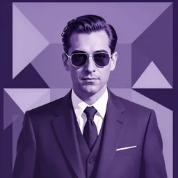 a portrait of a mobster in a suit and tie, bauhaus, angular, geometric, regular, symmetrical. purple color theme. simple, flat, solid background.