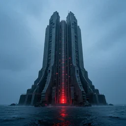 symmetric!!!, a futuristic fortress tower in the middle of the rainy ocean, absolutely perfect symmetric composition, brutalism, gigantism, very low angle, highly realistic concept art, blue cold atmosphere, but there is a red light glowing under the fortress tower, perfeclty symmetric, composition, great lighting, chiaroscuro, photography, cinematography, high quality, on trending, beautiful, 4 k
