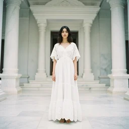 a full body portrait of a woman wearing an billowing doily dress, inside a white marble temple, in the style of irakli nadar, soft lighting, film photography