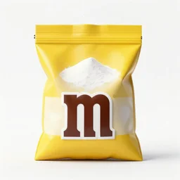yellow m & m holding bag of white powder