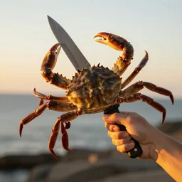 crab with knife, crab holding knife, crab brandishing knife, photograph, golden hour
