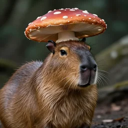 a photo of capybara with a mushroom cap on its head by luis royo. intricate. lifelike. soft light. sony a 7 r iv 5 5 mm. cinematic post - processing