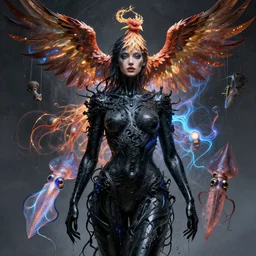 beautiful woman covered by black oil, intricate lights, phoenix, bio luminescent, squid, plasma, by artgerm and range murata and wlop and ross tran and william - adolphe bouguereau and beeple. key art. fantasy illustration. award winning, artstation, intricate details, realistic, hyperdetailed, 8 k unreal engine.