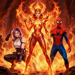 Mila Jovovich as rinoa from final fantasy nime, kanye west as a japanese character Te Kā female lava and fire goddess character, character is in all its glory, Spiderman as electro