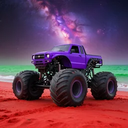 purple monster truck, red sand beach, green ocean, nebula sunset