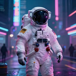 professional photo of astronaut on cyberpunk street, synthwave, blade runner, hyperrealistic masterpiece, trending on artstation, cgsociety, kodakchrome, golden ratio, cinematic, composition, beautiful lighting, hyper detailed, sharp focus, octane render, 4 k, unreal engine