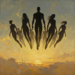cyberpunk, silouettes of a group of flying people, like a group of superheroes in the open sky, group, atmospheric lighting, painted, intricate, golden hour, ultra detailed by peter gric, giger, enki bilal