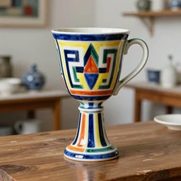 beautiful ceramics studio photograph of a tall colorful geometric symmetrical fancy ceramic sculpture of a cup, glazed by paul klee and victor vasarely, placed on a polished wooden table, hyperrealism 8 k trending on artstation