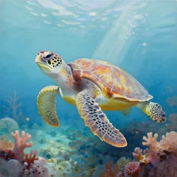 seaturtle underwater, coral reef, pastel colors, oil on canvas, trending on artstation, godrays, 4 k
