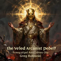 the veiled arcanist prophet as a man with a golden cultist mask in bloodsoaked land by greg rutowski