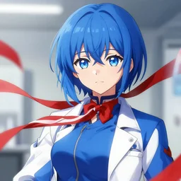 scientist girl, red ribbon, blue jacket, short blue hair, anime, pixiv, sharp, detailed, high quality, by greg rutkowski, artgerm