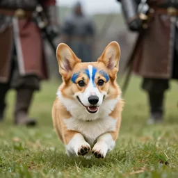 braveheart as a warrior corgi dog runs off to battle the english, the corgi has braveheart blue face paint on its furry face, hyperreal, filmed in the style of john toll