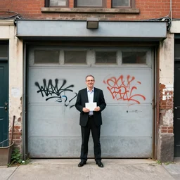 an estate agent photo of a garage for sale, graffiti, run down, inner city, 1 9 2 0 s