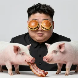 kim jong un with hamburger eyes looking at a pig eating bacon