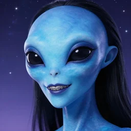 a photorealistic portrait, stunningly beautiful hyper detailed blue avatar alien girl, big mysterious black alien eyes, white teeth, braces, professionally retouched, soft lighting, hyper realistic, small nose, pretty mouth, black hair, beautifully detailed colorful starry sky, wide angle, sharp focus, 8 k high definition, 6 4 megapixels, insanely detailed, stunningly beautiful