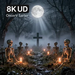 misty graveyard at night with skeletons and candles, dramatic lighting, 8 k uhd, unreal engine, octane render, moon rays, award winning, visually stunning