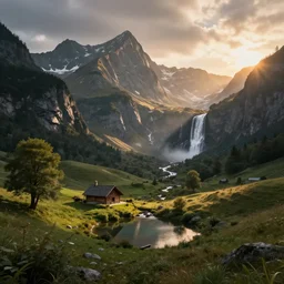 a beautiful fantasy landscape, mountain in background, a waterfall in the mountains, little cottage, small pond, some trees in the corner, sunrise, hyper realism, artgem, octane art, artwork by philipp urlich