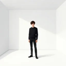 aesthetic digital illustration of a solitary mischievous young man standing in an empty white room by brian bolland, rachel birkett, alex ross, and neal adams | sinister, dangerous, character concept, concept art, unreal engine, finalrender, centered, deviantart, artgerm