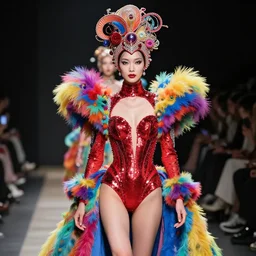 photo from a fashion shoot, a female fashion character design wearing a red sequined bodysuit, alexander mcqueen headdress, costume by eiko ishioka, haute couture, steven outram, colorful and psychedelic