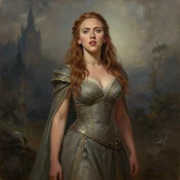 a full body high detail fantasy portrait oil painting illustration of young scarlett johansson as a beautiful sophisticated singing bard woman by justin sweet with face and body clearly visible, in a scenic background, pupils visible, realistic proportions, d & d, rpg, forgotten realms, artstation trending, high quality, sombre mood, artstation trending, muted colours, entire person visible!