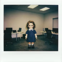 aged polaroid photo of scary uncanny valley doll in empty liminal office rooms,