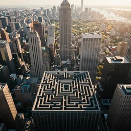 aerial shot of a maze where the walls are new york skyscrapers and the exit is central park, aerial shot, cinematic, wide lens, drone shot. frontal view. sunshine with long shadows, ektachrome, anamorphic lens flare, haze.