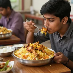 A college student is eating chicken biryani in an Andhra mess, highly detailed, 4k