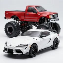 photo of a toyota supra and ford f 1 5 0 concept monster truck, slick rims, red matte paintjob, chrome double exhaust tips, studio light, 8 5 mm, f / 1. 3