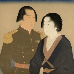 portrait of duke leto and lady jessica atreides, dune, father mother, husband and wife, only 2 people, detailed, solemn, awe - striking, beautiful, militaristic, honorable, in the style of yamato - e, traditional japanese painting, tosa school, tosa mitsuoki, tosa mitsunobu, iwasa matabei