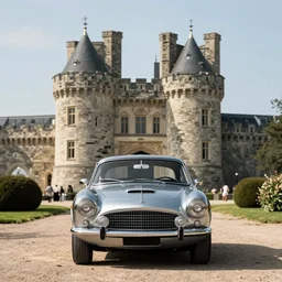 classic car in front of a castle, photorealistic, octane render, 8 k, cinematic