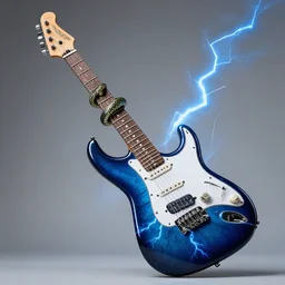 photograph of a flying - v electric guitar, painted with blue lightning bolts. cobra snake wrapped around the neck.