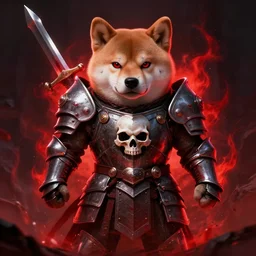 angry anthropomorphic shiba inu, wearing berserk anime skull knight armor and sword, blood aura red light, fantasy, dark, portrait art by donato giancola and greg rutkowski, realistic face, digital art, trending on artstation, symmetry