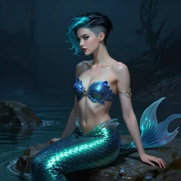 a beautiful cinematic sexy female Mermaid queen, fantasy sea landscape, fantasy magic, undercut hairstyle, short aqua blue black fade hair, dark light night, intricate, elegant, sharp focus, illustration, highly detailed, digital painting, concept art, matte, art by WLOP and Artgerm and Greg Rutkowski and Alphonse Mucha, masterpiece