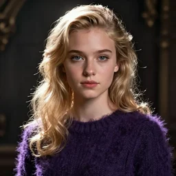 young woman with blonde hair, looks like mix of kiernan shipka and chloe moretz, dark fantasy, purple fluffy sweater, professional digital art, photorealistic, ghotic, light leaks, extremely detailed