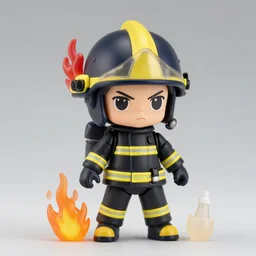 heroic firefighter in action as nendoroid in black and yellow uniform, fire flames, sharp details, sharp focus, anime, disney, pixar, 8 k, hd, dof, kodak film, volumetric lighting, subsurface scattering, photorealistic, octane render, details