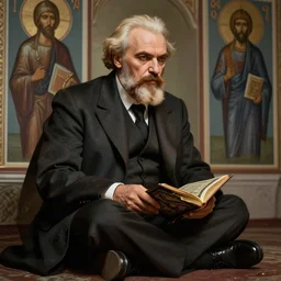 sitting pose, hyper realistic photo of lenin holding the koran, muted colour, deep shadows and light, super detailed, very detailed drawing, 8 k, cinematic lighting, epic composition, stylisation of orthodox icons, stylisation of soviet posters, trending artstation, very highly detailed, stunning, hdr, smooth, sharp focus, high resolution, award winning photo, dslr, 5 0 mm