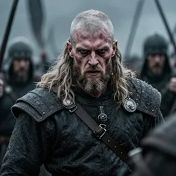 realistic photograph of an undead viking man in the middle of battle, highly detailed, cinematic, portrait, close - up,